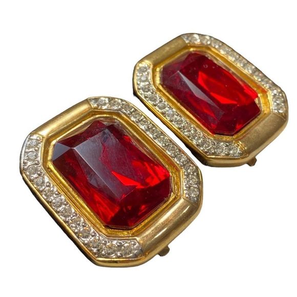 Vintage Jewelry - Vintage Gold Earrings With Red And Clear Rhinestones